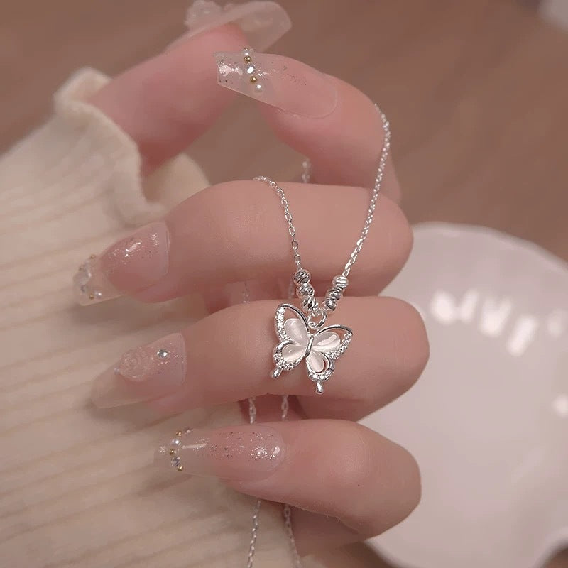 Women's Square Line Opal Butterfly Necklace