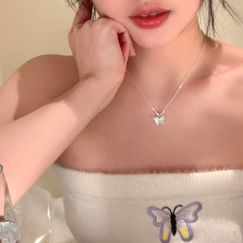 Women's Square Line Opal Butterfly Necklace